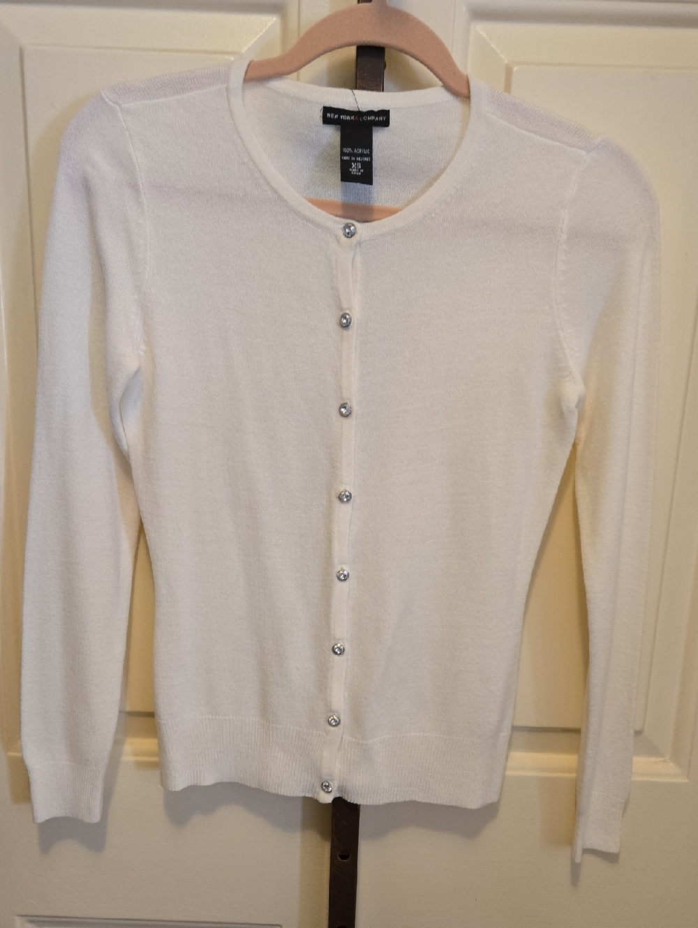 NEW YORK & COMPANY White Crewneck Cardigan with Crystal Buttons